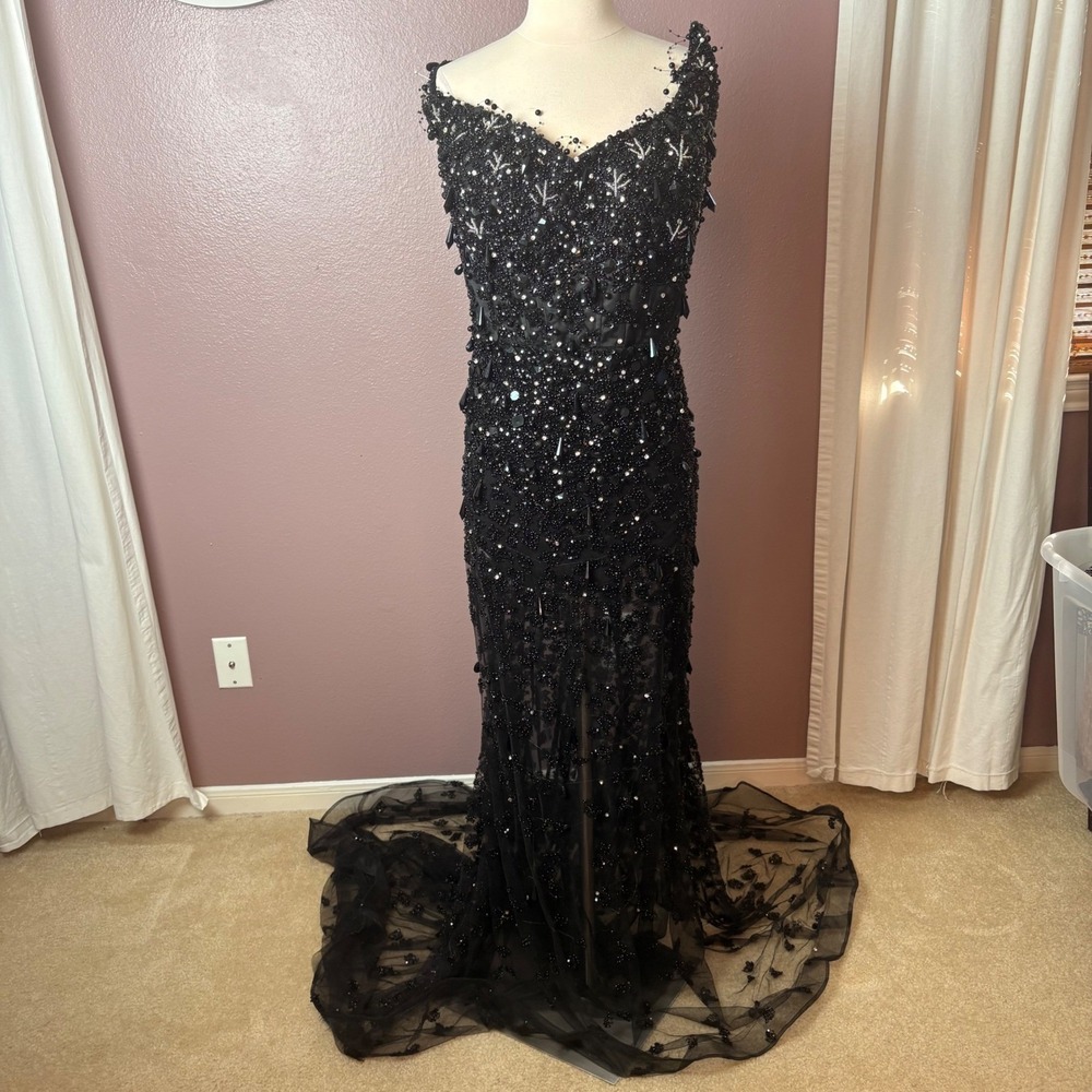 Handmade Black Beaded Couture Mermaid Gown Corset Train Gothic Formal Dress